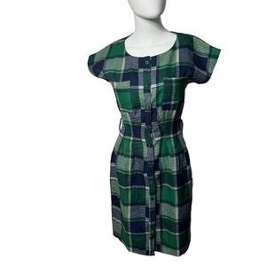 REAL Form Plaid Button Up Shirt Dress Cap Sleeve Green/Gray Size 8